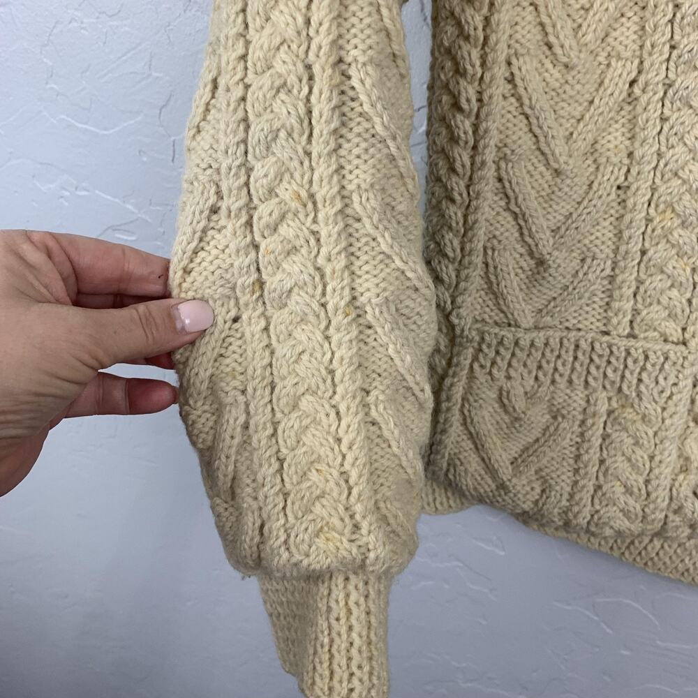 Vtg 1970s Cable knit wool cardigan WomenvMedium Tan Fisherman Shawl Collar Lined - Picture 7 of 8